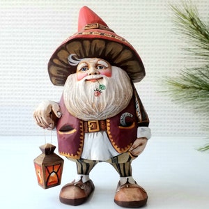 Hand Carved Gnome Statue: Linden Wood, Hand Painted Lantern, Collectible
