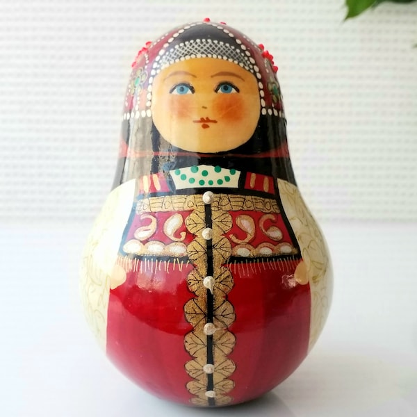 5-1/2" Novgorod costume round shape tilting doll hand made wooden roly-poly chime figure bell sound toy room decor birthday holiday gift