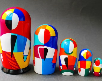 abstract art nesting dolls Malevich, Russian avant-garde doll, rainbow modern home decor for kids, Scandinavian ornament, gift for girl