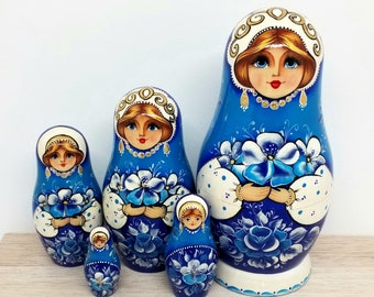 Blue pansies and roses nesting dolls set of 5pcs. Matryoshka doll hand painted wooden toy holiday birthday gift Stack doll Kids room decor