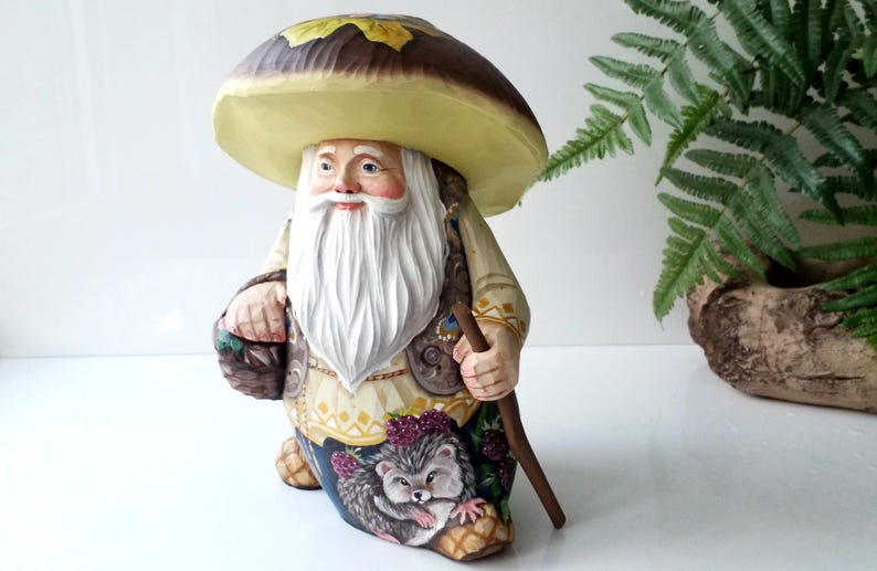 10 Tall Hand Carved Wood Figure in the Shape of Mushroomgnome W