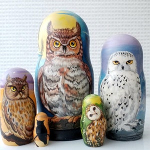 owl family nesting 5pc set 6&quot;stacking doll wooden toy room decor hand painted collectible gift for any occasion Russian matryoshka handmade