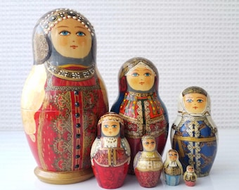 Hand Painted Matryoshka Dolls: 7-Piece Nesting Set, Signed