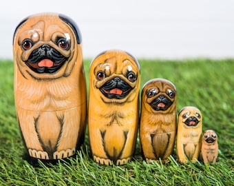 Pug 5 pcs nesting set Excellent art work handmaid signed wooden stacking dog figure pet lovers kids toy room decor holiday birthday gift