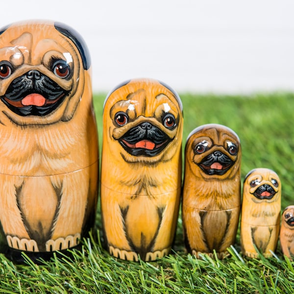 Pug 5 pcs nesting set Excellent art work handmaid signed wooden stacking dog figure pet lovers kids toy room decor holiday birthday gift