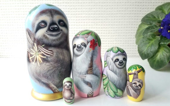Sloth Family of 5 Wooden Nesting Dolls 6 Bright Multi Colors Handmade Rare Find Gift for Any Occasion Room Decor Etsy