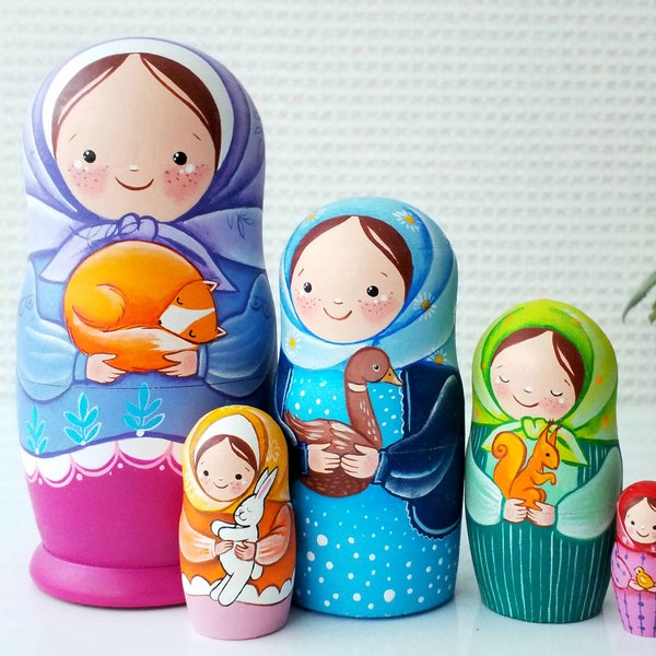 5-3/4" 5pcs Hand painted wooden Nesting dolls matryoshka set children w pets, Montessori toy kids room decor holiday birthday gift