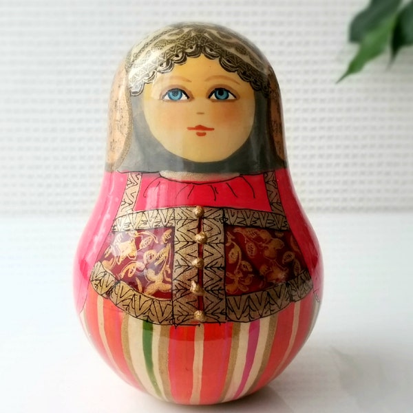 5-1/2" like matroshka doll round shape tilting doll hand made wooden roly-poly chime figure bell sound toy room decor birthday holiday gift