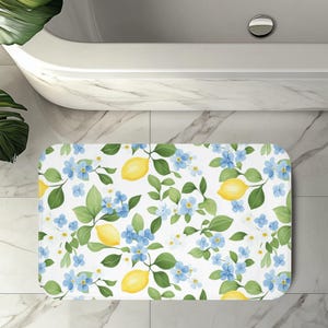 Amalfi coast inspired bath mat,Lemon Shower bathmat,Blue Floral bathroom mat,Coastal Spring Decor, Memory foam Bath Rug,Mediterranean Summer
