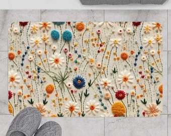 Daisies Bath Mat Floral Aesthetic Bath Mat WildFlower Memory foam Bath Rug Faux Embroidery BathMat, Botanical Bathroom Decor Boho Bath decor