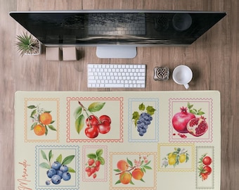 Summer Fruit Stamp Desk mat, Vintage Postage Stamp deskmat, Aesthetic Summer desk decor, Trendy Farmer's Market mousepad Cottage Core mat