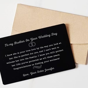 Zu meinem Bruder an Ihrem Hochzeitstag gravierte Metall Brieftasche Einlegekarte, Bräutigam Geschenk von Schwester, personalisierte Bruder Hochzeitsgeschenk Brieftasche Karte