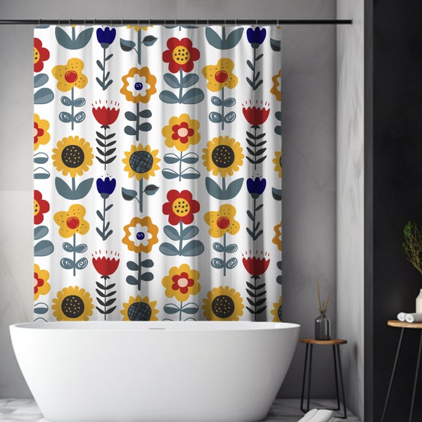 Mid century modern Shower Curtain Retro shower Stall curtain Cute daisy Bath Curtain Boho Shower Maximalist Bathroom Decor Funky Bath Decor