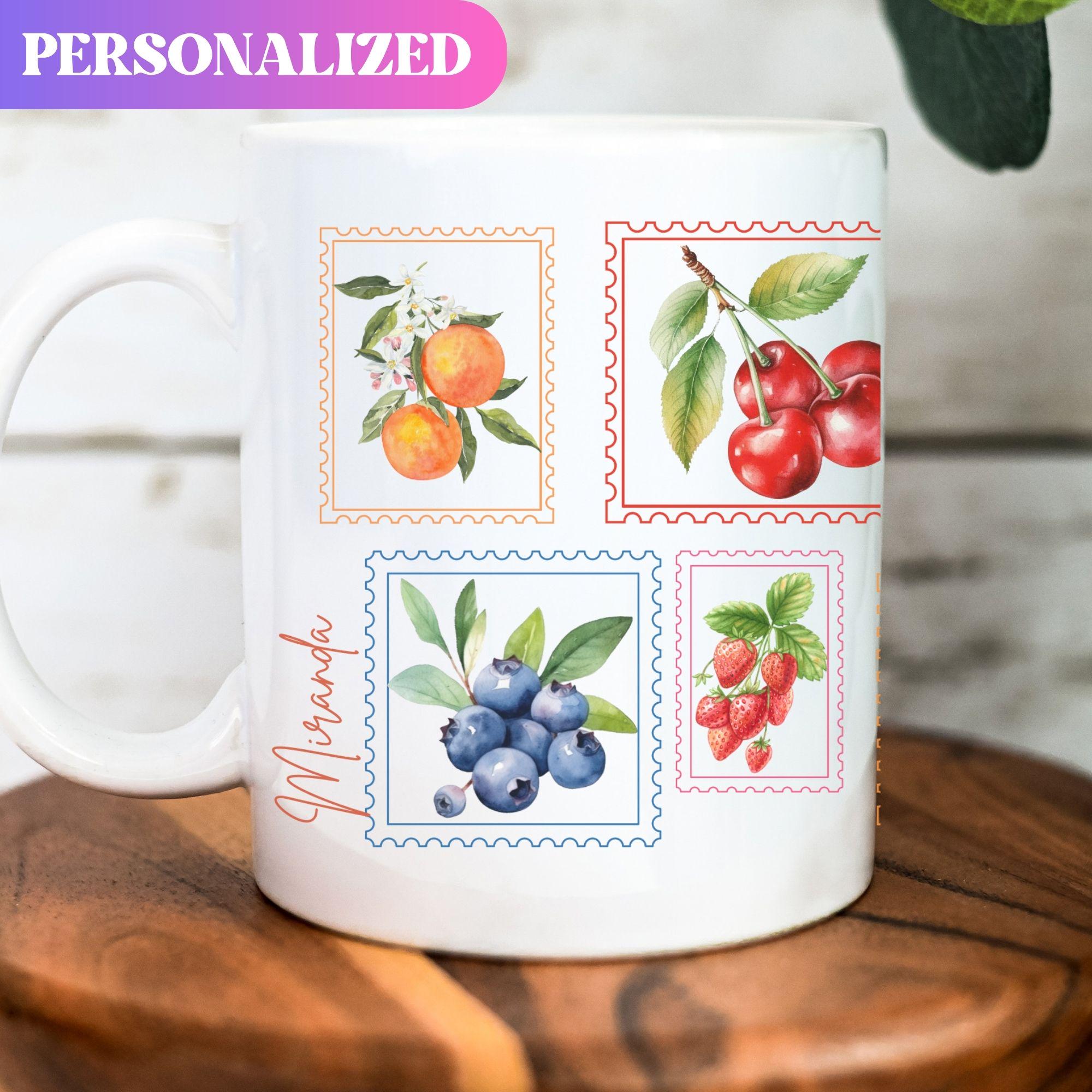 Custom Fruit Name Mug, Personalized Watercolor Citrus Berry Cherry Cup, Vintage Stamp Art, Gardener Gift, Kitchen Decor Mug, Vintage postage