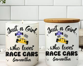 Just a Girl Who Loves Race Cars Candle Gift for Racing Lovers Funny Personalized Gift for Girls Who Love Race Cars Custom Name Candle