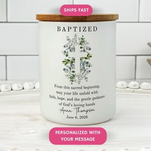 Personalized Baptism Candle, Baptized Custom Candle, Christian Baby Gift, Greenery Cross Decor, Religious Keepsake