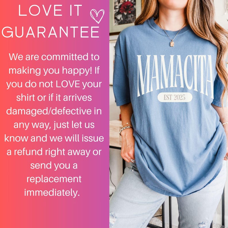 a woman wearing a blue shirt with the words love it guarantee