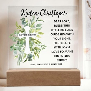 Baptism day gift for boy LED Light Baptism gift for godchild Acrylic Plaque First communion Gift for Godson gift from Godparents boho cross