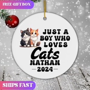 Personalized Cat Ornament, Custom Just a Boy Who Loves Cats Holiday Ornament, Cat Lover Gift, Xmas Ornament, Cat Dad gift,Kid Cat Lover gift