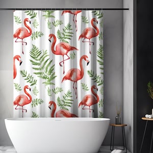 Flamingo shower curtain Pink Flamingo pattern Bath Curtain Botanical bath decor Tropical decor for bathroom Farmhouse decor Flamingo gifts