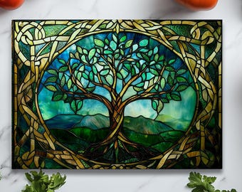 Celtic Tree of Life Cutting Board wedding gift, Faux Stained Glass charcuterie board,Hostess gift for couple,  Kitchen Chopping board