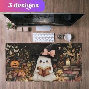 Ghost book reader mousepad Pink bow Ghost Desk pad Cottagecore Deskpad Coquette desk mat Book lover gift Reading Enthusiast Extra Large Mat