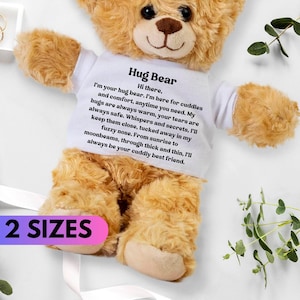 May include: A plush, light brown teddy bear wearing a white t-shirt with the text "Hug Bear". The shirt includes a poem about comfort and friendship. The image also displays the text "2 SIZES" in a pink and purple oval.
