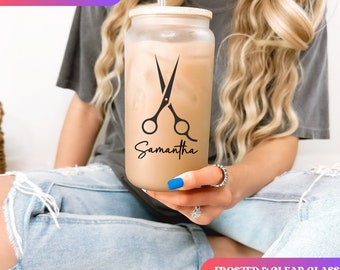 Personalized Hair Stylist Iced Coffee Cup Custom Hairdresser Gift Frosted Tumbler Beauty Salon Gift Tumbler & straw Cosmetology gifts