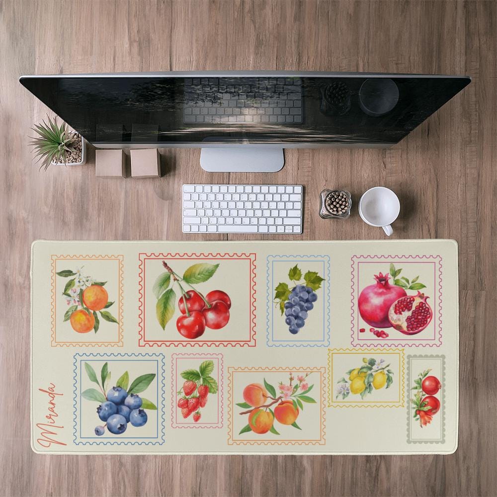 Summer Fruit Stamp Desk mat, Vintage Postage Stamp deskmat, Aesthetic Summer desk decor, Trendy Farmer's Market mousepad Cottage Core mat