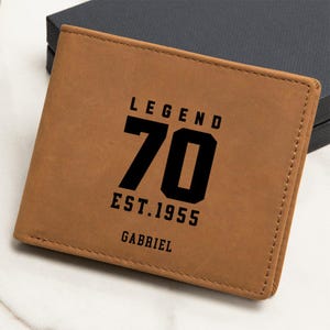 Cartera de hombre para su 70.º cumpleaños, cartera de cuero personalizada, regalo de cumpleaños para él, cartera personalizada, regalos para el abuelo, est. 1955. Regalo único.