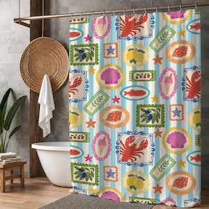 May include: A shower curtain with a repeating pattern of framed illustrations. The illustrations include a red lobster, lemons, ice cream cones, and seashells. The background has vertical blue and white stripes, with small star accents.