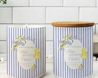 She Found Her Main Squeeze Bachelorette Candle Personalized Lemon Bach Favor Custom Yellow Stripe Bachelorette Gift Bridal Shower Candle