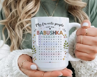 Personalized Babushka Word Search Mug with Grandkids Names Custom Russian Grandma Birthday Christmas Gift Mug grandmother Puzzle lover gift