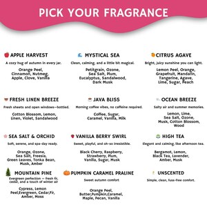 The image is a collection of various scents and fragrances, each with its own unique characteristics and properties. The scents include apple harvest, mystical sea, citrus agave, fresh linen breeze, sea salt and orchid, vanilla berry swirl, mountain pine, pumpkin caramel praine, and uncensed. Each scent is described in detail, providing a clear and concise description of its appearance, aroma, and the materials used to create it.