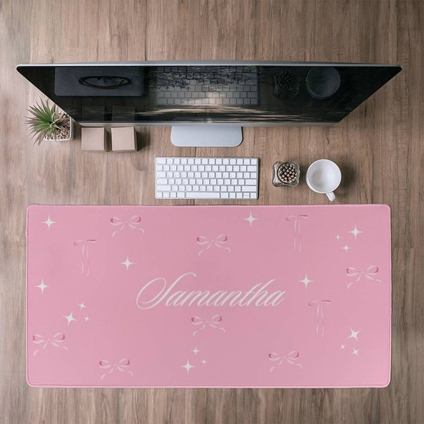 Personalized Coquette Desk Mat Pink Bow Aesthetic Desk Pad Y2K Coquette Room Decor Deskmat pink ribbon teen room decor Kawaii deskmat