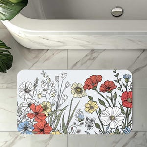 Boho Bath Mat Floral Aesthetic Bath Mat Flowers Memory foam Bath Rug Modern Pastel BathMat, Botanical Bathroom Decor Wildflower Bath decor