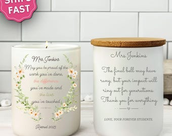 Teacher Retirement Gift candle for Women Personalized Principal Going away Keepsake Custom Retiring Educator Coworker leaving Farewell Gift
