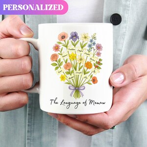 The Language of Memaw mug, personalized flower mug with grandkids’ names, custom Mother’s Day gift for memaw, floral keepsake for birthday