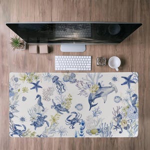 Retro Sea Life Desk Mat Watercolor art Sea creature desk pad Coastal Ocean desk mat aesthetic Cute Vintage Sea Animals Blue xxl computer mat