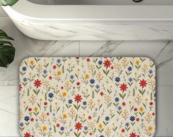 Wildflower Bath Mat Floral Aesthetic Bath Mat Flowers Memory foam Bath Rug Faux Embroidery BathMat, Botanical Bathroom Decor Boho Bath decor