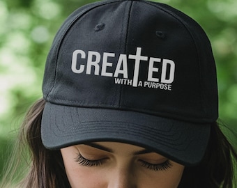 Cappello ricamato "Created with A Purpose", berretto da baseball con scritta "Faith", berretto con citazioni bibliche, berretto con versetti biblici, cappello cristiano alla moda.