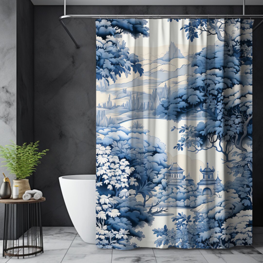 Blue Chinoiserie Shower Curtain French Provincial Pattern New Home