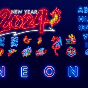 Illuminez vos créations avec Neon Elegance - Image du dragon néon de l'année 2024 + alphabet ，53elements