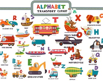 May include: A colorful alphabet chart featuring various modes of transportation, each illustrated with a cute animal. The letters are in uppercase and the names of the vehicles are listed below each letter.  The chart includes a racing car, ship, yacht, fire engine, kayak, jet ski, unicycle, bicycle, grader, excavator, airplane, ice cream truck, limousine, old car, motorcycle, quad bike, dump car, concrete mixer, helicopter, police car, xmas sleigh, and a zeppelin.
