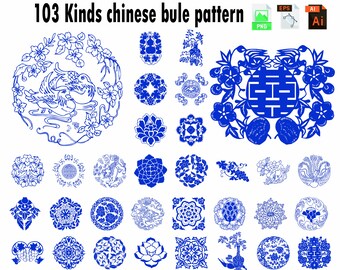 Op de afbeelding: 103 blauwe en witte Chinese papieren snijpatronen. De patronen omvatten bloemen, vogels en geometrische vormen.