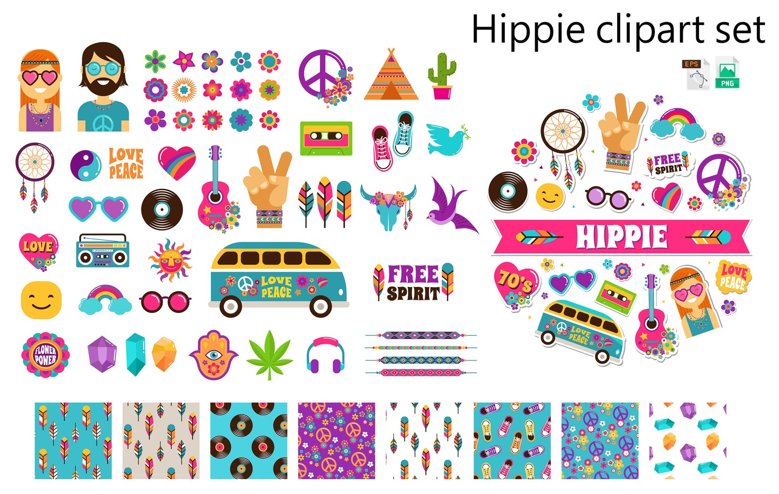 55hippie Clipart Set, Groovy Clipart, 60's Clipart, Camper Clipart, 70 ...