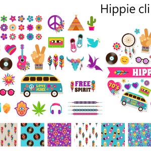 55Hippie Clipart set, Groovy Clipart, 60&#39;s Clipart, Camper Clipart, 70&#39;s Sunglasses clipart, Hippie PNG ,