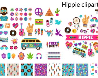 Groovy 70-tals hippie clipart-set (digital nedladdning) 55 designer