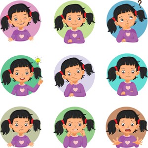 Peut inclure: Une illustration de dessin anim&eacute; d'une jeune fille aux cheveux noirs et aux tresses, montrant diff&eacute;rentes expressions faciales. La fille porte une chemise violette avec un c&oelig;ur rose dessus. L'arri&egrave;re-plan est une s&eacute;rie de cercles color&eacute;s.
