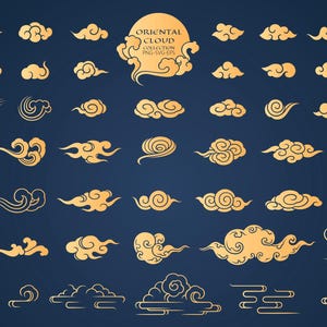 Eleve sus diseños con elegancia atemporal: 64 patrones de nubes orientales doradas en formato PNG-SVG-EPS